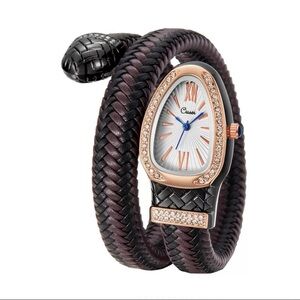 Serpenti Style Wrap Watch –Brown & Black Faux Leather Rose Gold Tone Silver Dial